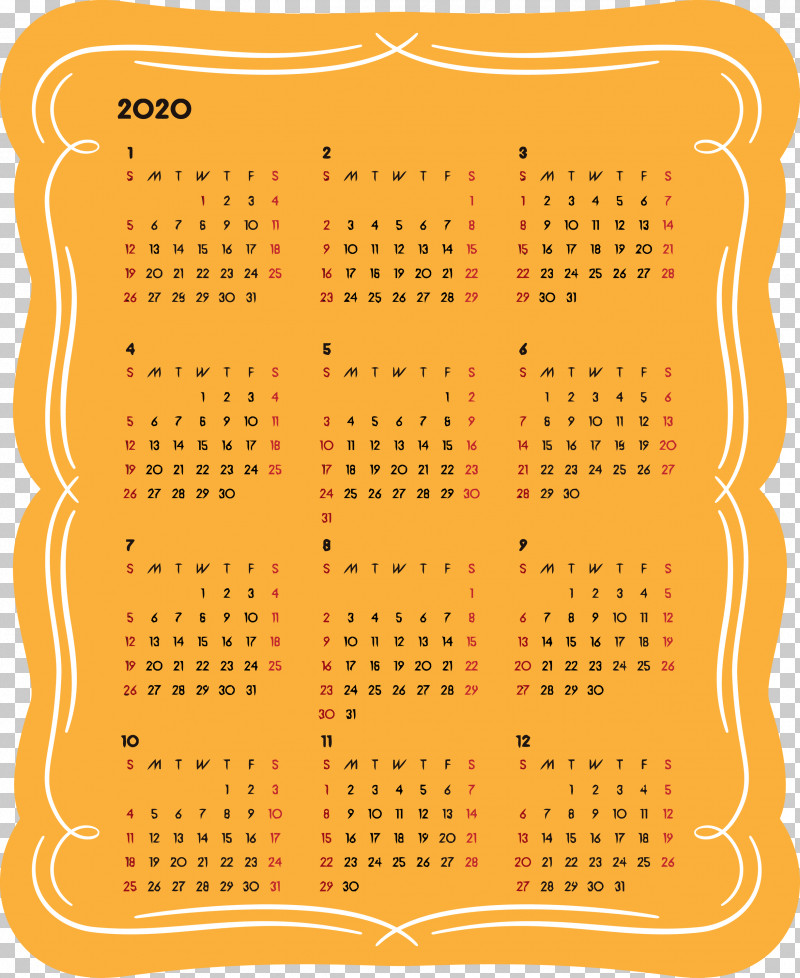 2020 Yearly Calendar Printable 2020 Yearly Calendar Year 2020 Calendar PNG, Clipart, 2020 Calendar, 2020 Yearly Calendar, Line, Orange, Printable 2020 Yearly Calendar Free PNG Download