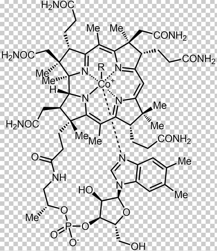 Vitamin B-12 Cyanocobalamin Vitamin B12 Deficiency B Vitamins Methylcobalamin PNG, Clipart, Angle, Area, Black And White, Cholecalciferol, Circle Free PNG Download