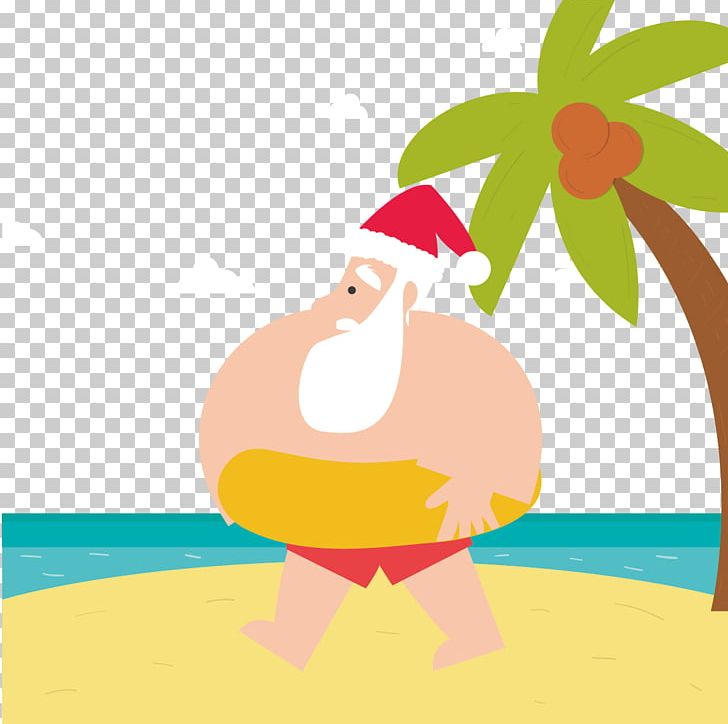 Santa Claus Beach PNG, Clipart, Art, Bird, Cartoon, Cartoon Coconut Trees, Christmas Free PNG Download