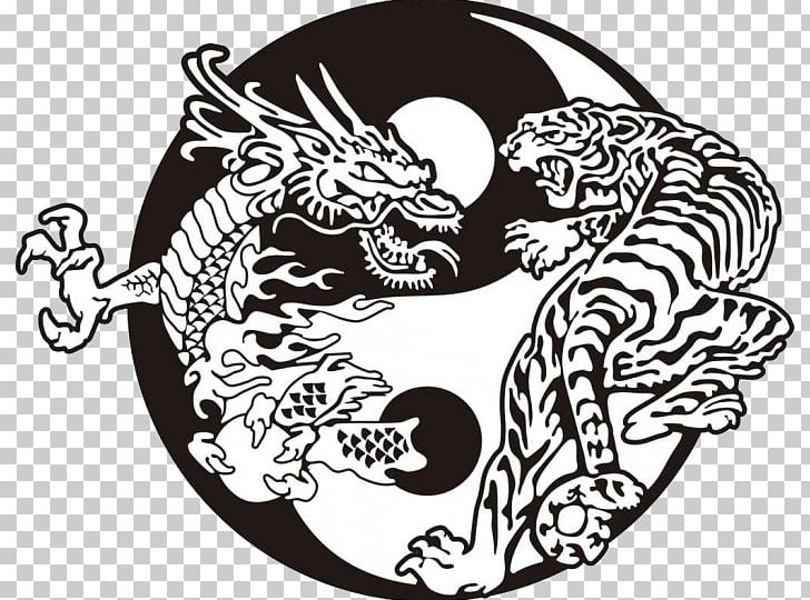 Tiger Yin And Yang Chinese Dragon Tattoo PNG, Clipart, Animals, Art, Azure Dragon, Black And White, Chinese Dragon Free PNG Download