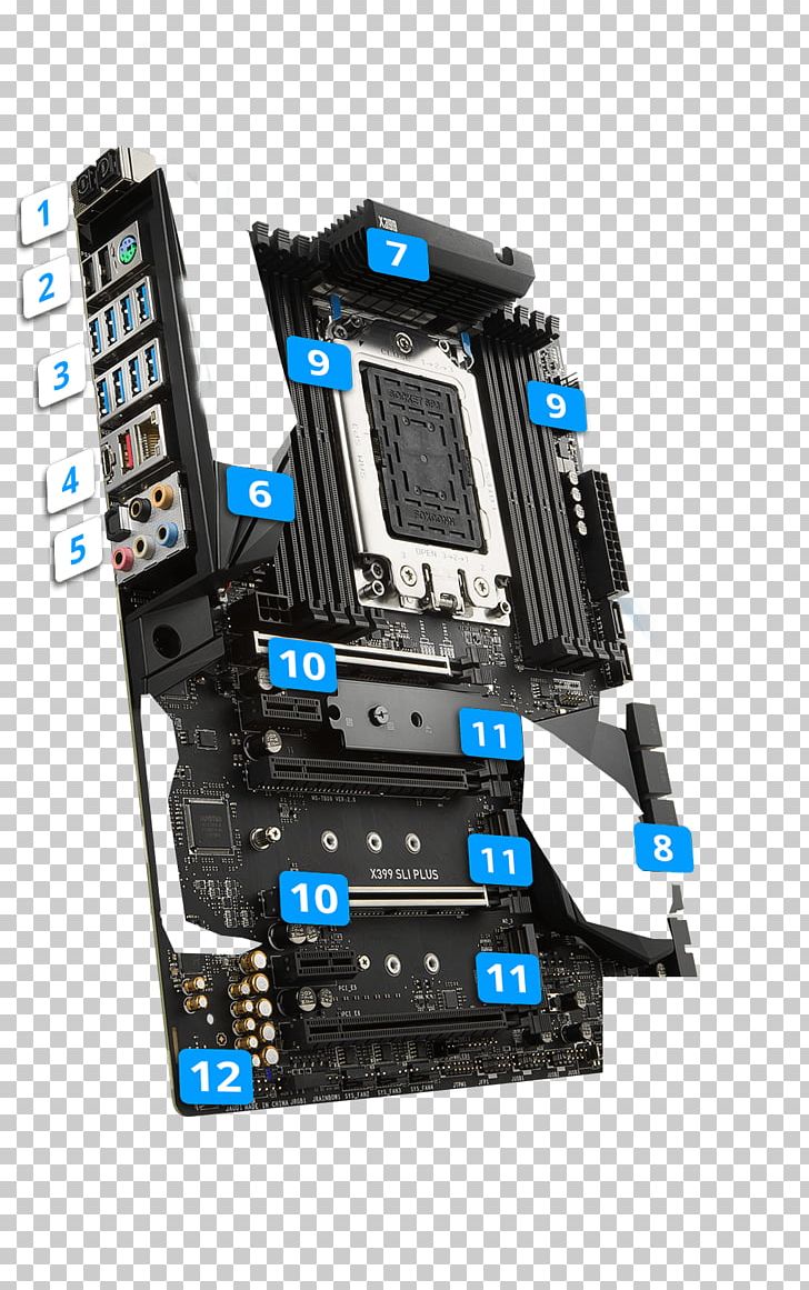 Computer System Cooling Parts Motherboard Mainboard MSI X399 SLI PLUS PC Base AMD TR4 Form Factor ATX Socket TR4 Scalable Link Interface PNG, Clipart, Amd Crossfirex, Computer Hardware, Electronic Device, Electronics, Microcontroller Free PNG Download