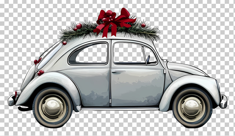 Christmas Car - Vintage Car Decorated With Holiday Wreath And Bow PNG
