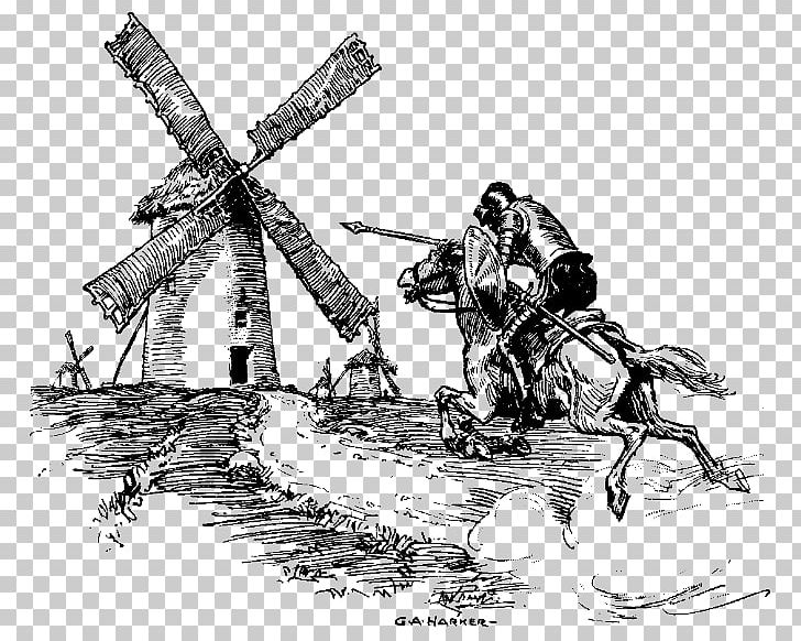 Don Quixote La Mancha Sancho Panza Tilting At Windmills Drawing PNG, Clipart, Art, Artwork, Black And White, Book, Cartoon Free PNG Download