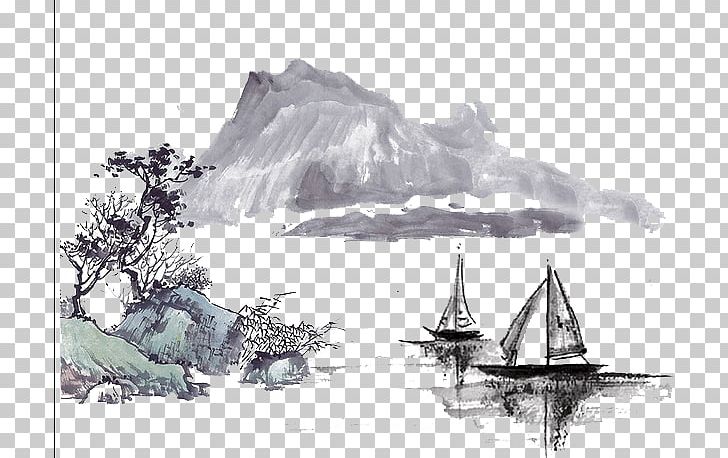 Ink Wash Painting Drawing PNG, Clipart, Artwork, Black And White, Boat, Computer Wallpaper, Elevation Free PNG Download