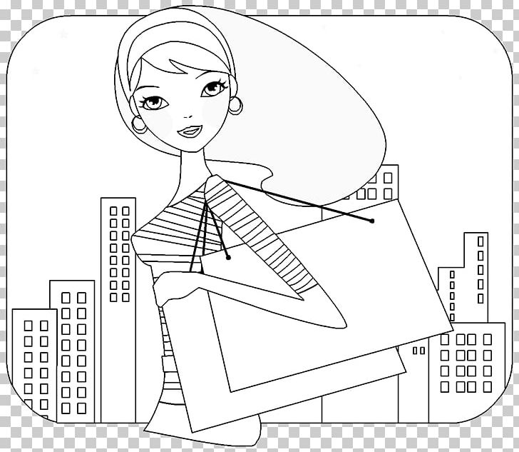 Coloring Book Drawing Shopping Illustration Black And White PNG, Clipart, Angle, Arm, Art, Artwork, Bag Free PNG Download