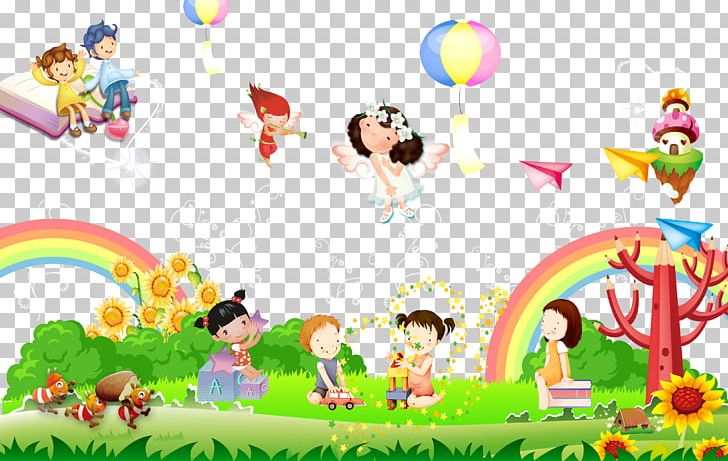 Kindergarten Cartoon Illustration PNG, Clipart, Angel, Area, Art, Blue Grass, Blue Sky And White Clouds Free PNG Download