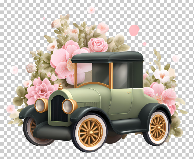 Vintage Car With Flowers - Charming Vintage Car With Floral Background PNG