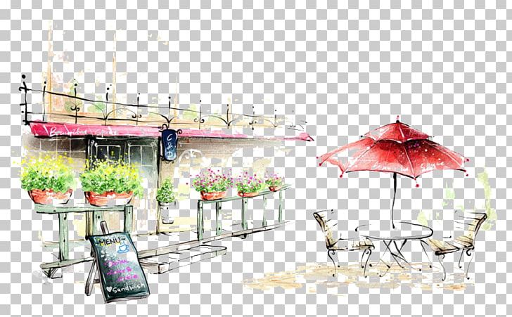 Coffee Cafe Drawing Painting Illustration PNG, Clipart, Building, City Landscape, Furniture, Handpainted Flowers, Illustrator Free PNG Download