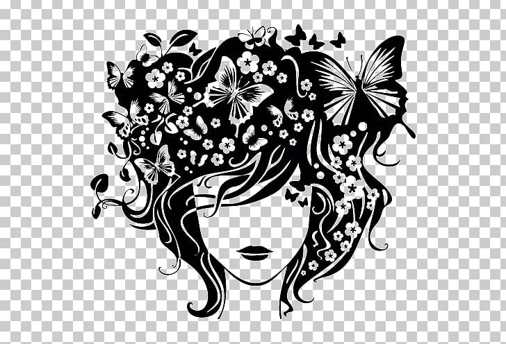 Wall Decal Butterfly Hair Woman PNG, Clipart, Black, Decal, Drawing, Fictional Character, Flower Free PNG Download