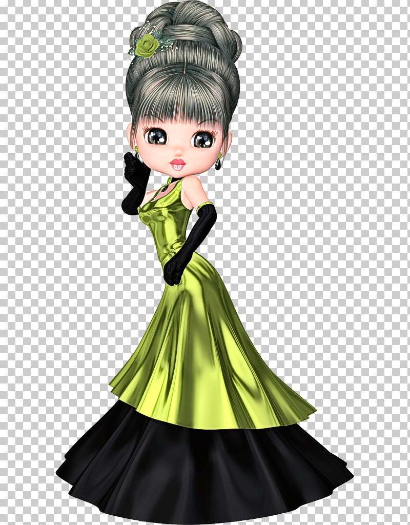 Green Gown Cartoon Dress Doll PNG, Clipart, Animation, Black Hair, Cartoon, Costume Design, Doll Free PNG Download