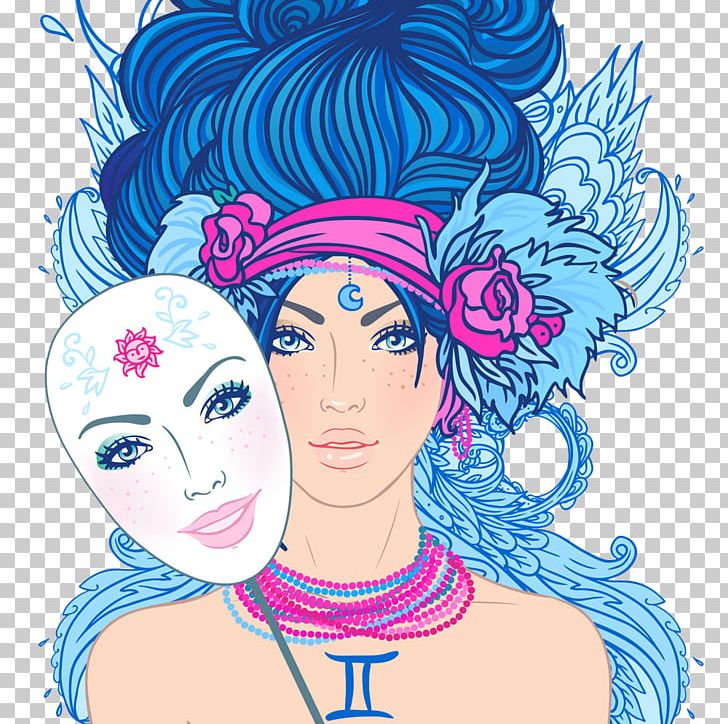 Gemini Astrological Sign Zodiac Astrology Illustration PNG, Clipart, Blue, Carnival Mask, Cartoon, Electric Blue, Face Free PNG Download