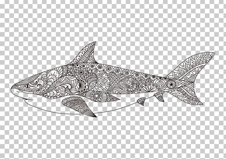 Shark Coloring Book Drawing Line Art Mandala PNG, Clipart, Adult, Animals, Art, Black And White, Cartoon Free PNG Download