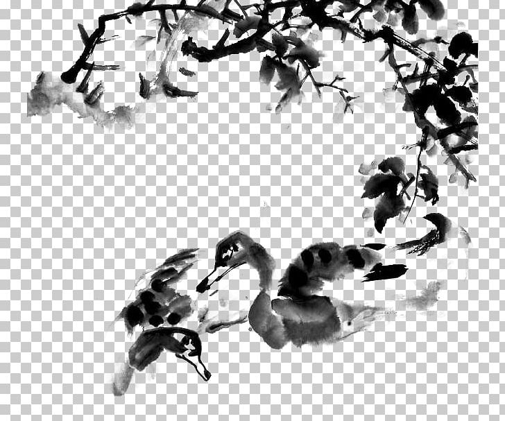 Mandarin Duck Ink Wash Painting PNG, Clipart, Animals, Bird, Black, Black And White, Branches Free PNG Download