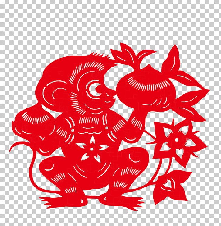 Chinese Zodiac Papercutting Monkey Chinese New Year Tai Sui PNG, Clipart, Animals, Black Monkey, Chinese Paper Cutting, Fictional Character, Flower Free PNG Download