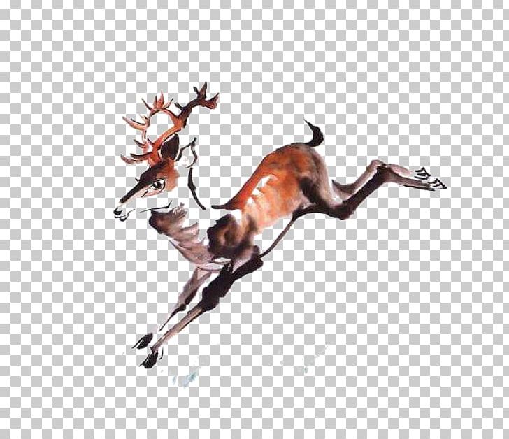Red Deer Ink Wash Painting PNG, Clipart, Animals, Antelope, Antler, Chinese, Chinese Painting Free PNG Download
