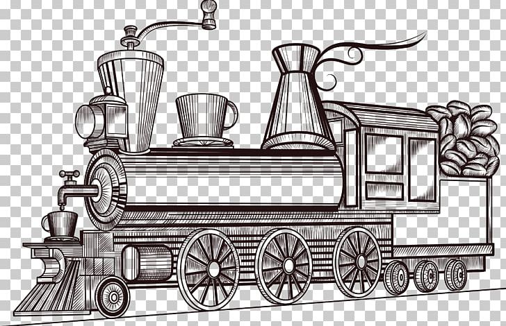 Coffee Cafe Train Poster Illustration PNG, Clipart, Black And White, Classical, Coffee Bean, Furniture, Metal Free PNG Download