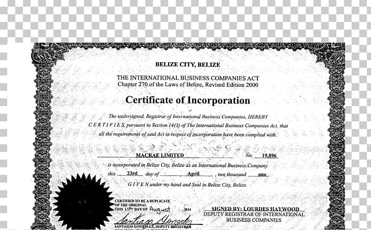 Belize Certificate Of Incorporation White Font PNG, Clipart, Belize, Black And White, Certificate Of Incorporation, Incorporation, Lukoil Free PNG Download