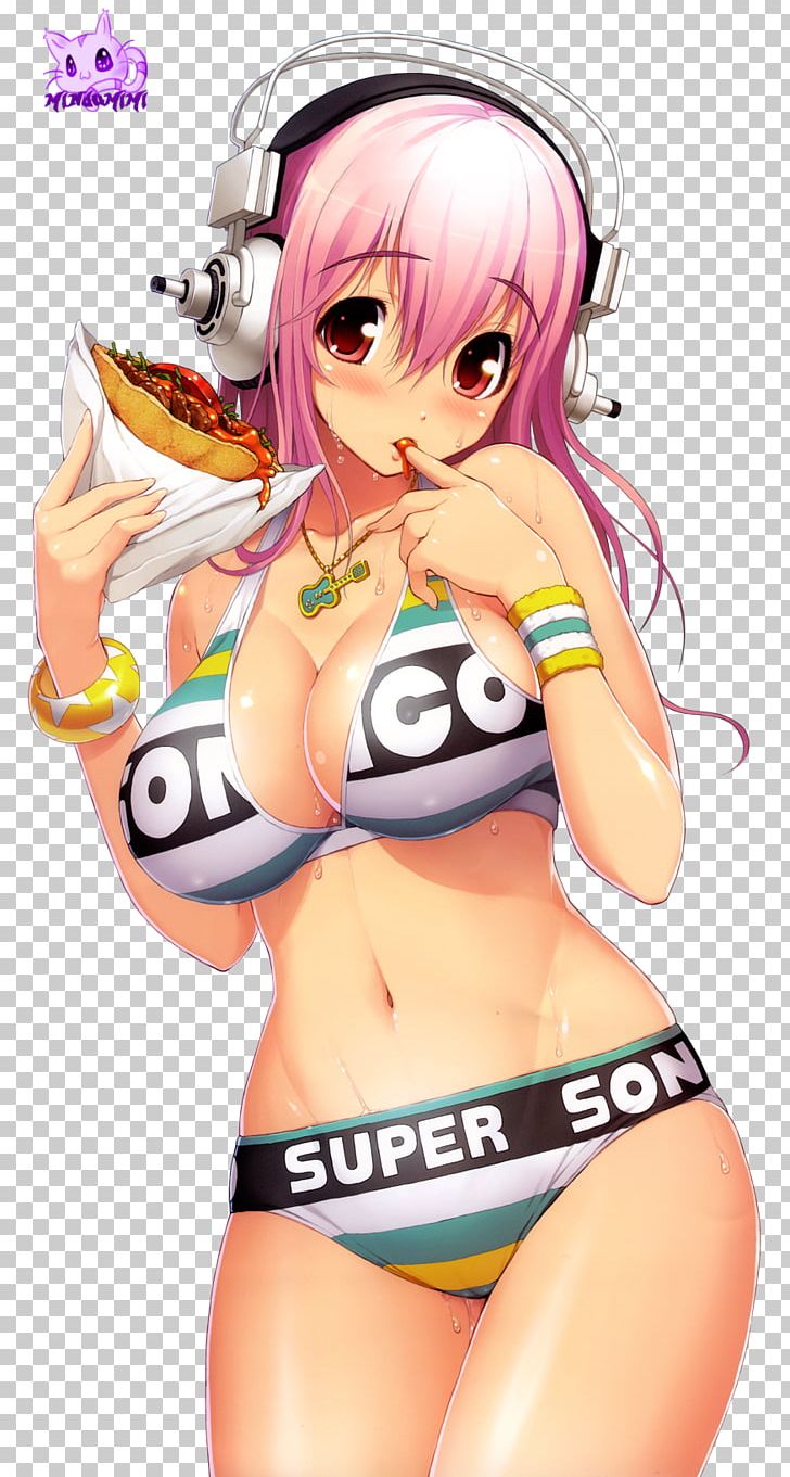 Super Sonico Anime Character Mangaka Desktop PNG, Clipart, Arm, Art, Black Hair, Brassiere, Brown Hair Free PNG Download
