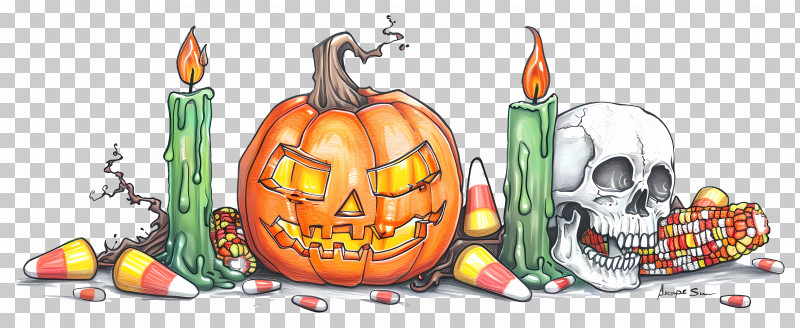 Halloween Decor - Jack-O-Lantern With Skull, Candles, And Candy PNG
