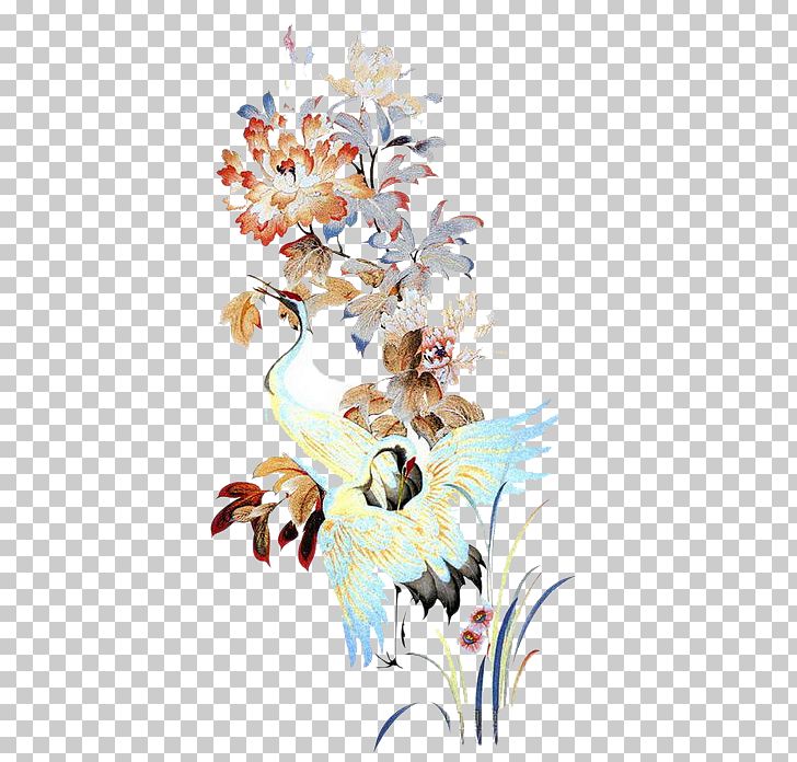 Red-crowned Crane Floral Design Gongbi PNG, Clipart, Bird, Chinese Painting, Crane, Crane Bird, Fictional Character Free PNG Download