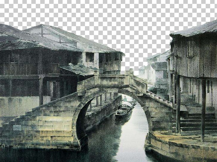 Jiangnan Wuzhen Ink Wash Painting Shan Shui PNG, Clipart, Abu Dhabi Town, Bridge, Chinese Painting, Christmas Town, Computer Wallpaper Free PNG Download