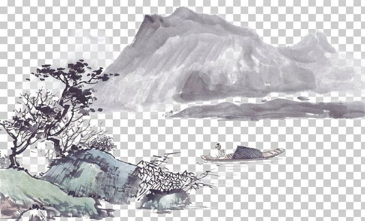 Ink Landscape PNG, Clipart, Artistic Conception, Artwork, Black And White, Boat, Chinese Painting Free PNG Download