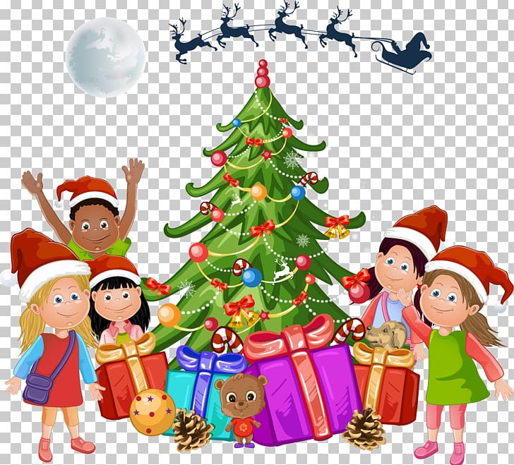 Cartoon Christmas Tree Next To The Children PNG, Clipart, Cartoon Character, Cartoon Children, Child, Children, Christmas Card Free PNG Download