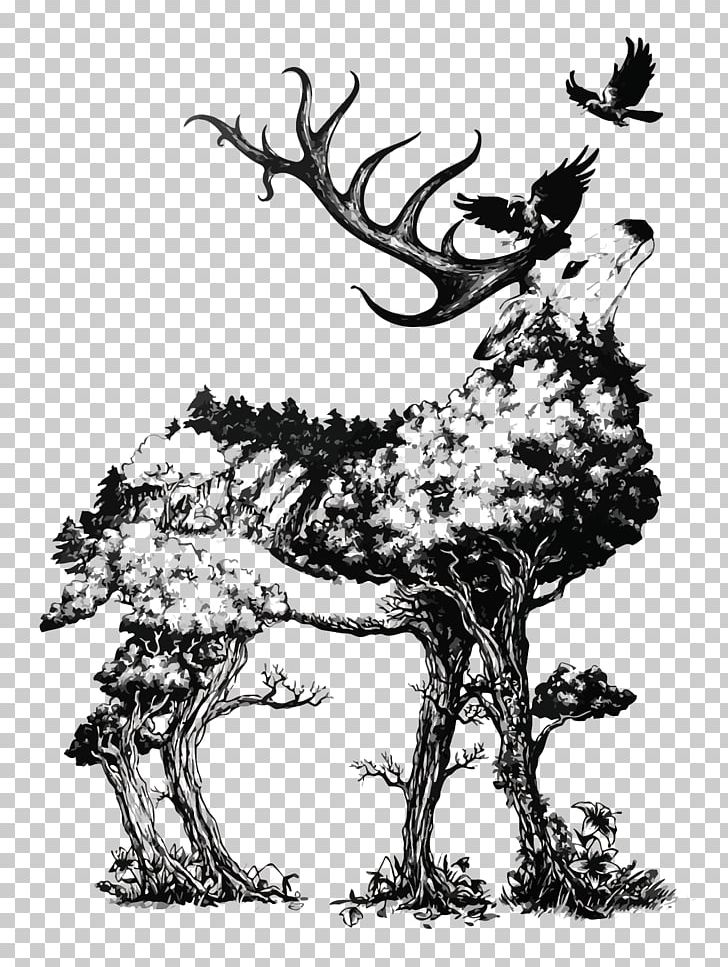 Drawing Painting PNG, Clipart, Antler, Bird, Black And White, Christmas Deer, Deer Free PNG Download
