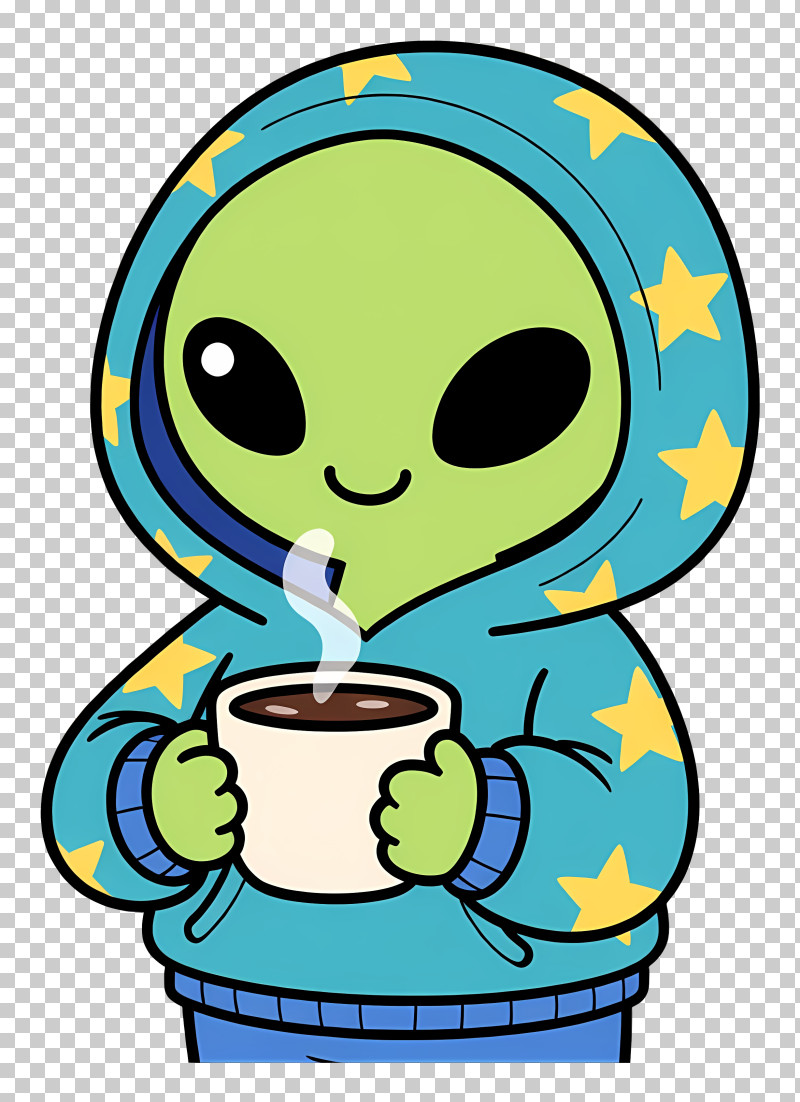 Kawaii Alien - Cute Alien In Hoodie With Coffee PNG