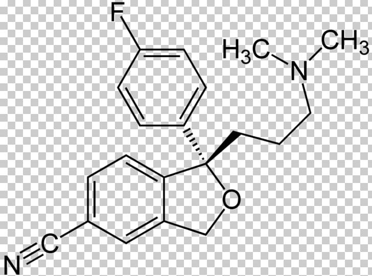 Citalopram Molecule Chemical Compound Chemical Formula Chemistry PNG, Clipart, Angle, Area, Black And White, Chemical Compound, Chemical Formula Free PNG Download