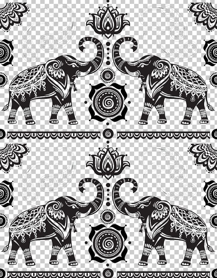 India Elephant Cartoon PNG, Clipart, Animals, Art, Black And White, Flower Pattern, Fundal Free PNG Download