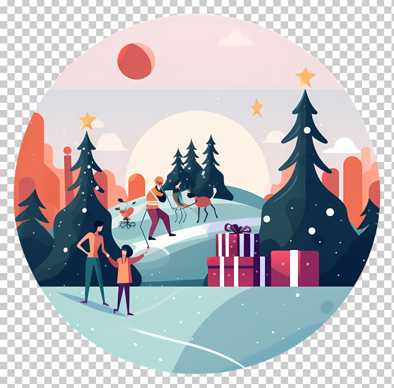 Family Walking In Snow - Winter Scene With Gifts And People PNG