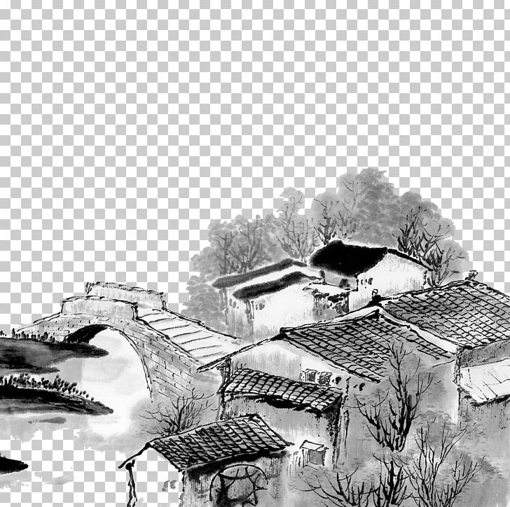 Qingming Shan Shui Ink Wash Painting Chinese Painting PNG, Clipart, Artwork, Black, Black And White, Boat, Bridge Free PNG Download