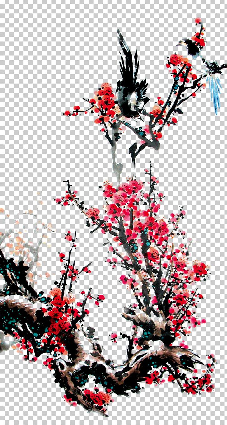 Ink Wash Painting Plum Blossom Four Gentlemen Bird-and-flower Painting PNG, Clipart, Birdandflower Painting, Bla, Branch, Chinese Style, Flower Free PNG Download