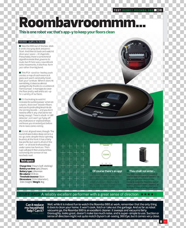 IRobot Roomba 980 IRobot Roomba 980 Robotic Vacuum Cleaner PNG, Clipart, Brand, Corporation, Electronics, Hardware, Irobot Free PNG Download