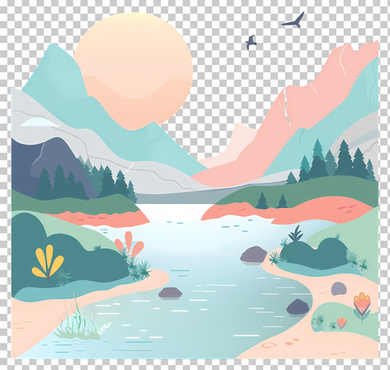 River Landscape - Scenic Landscape Of Mountains And River Illustration PNG