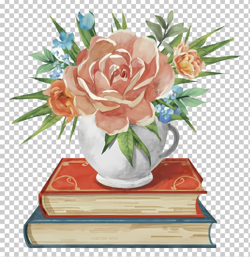 Cartoon - Flower Vase On Books PNG