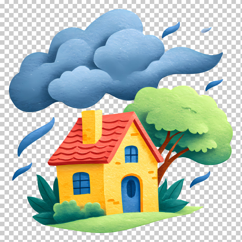 Stormy Weather Scene - Doodle Yellow House In Storm PNG