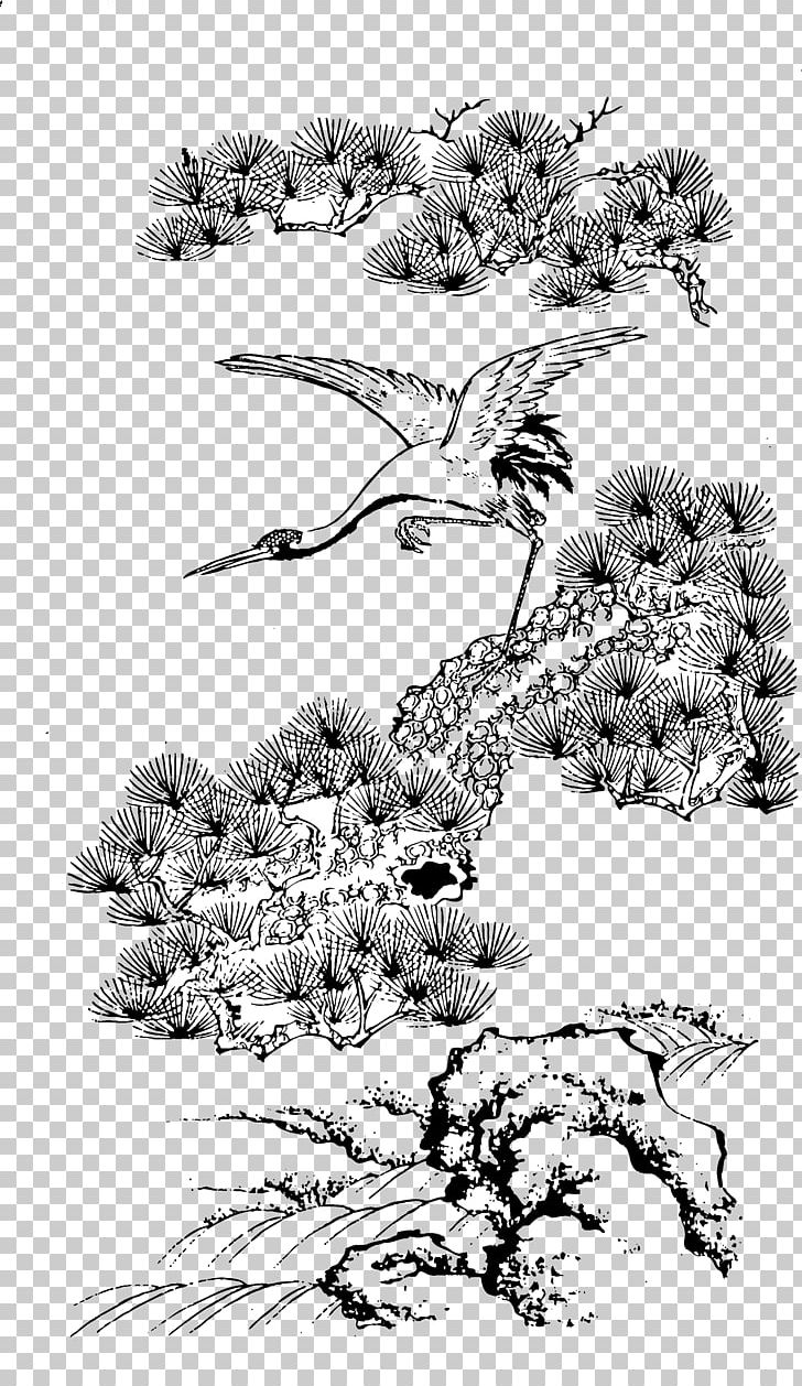 Crane Graphic Design PNG, Clipart, Bird, Black And White, Branch, Chinese Painting, Flower Free PNG Download