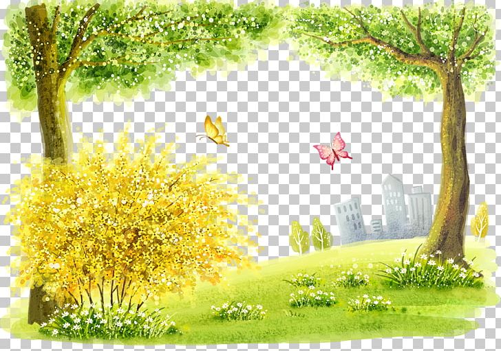 Cartoon Watercolor Painting Landscape Illustration PNG, Clipart, Artikel, Balloon Cartoon, Branch, Building, Butterfly Free PNG Download