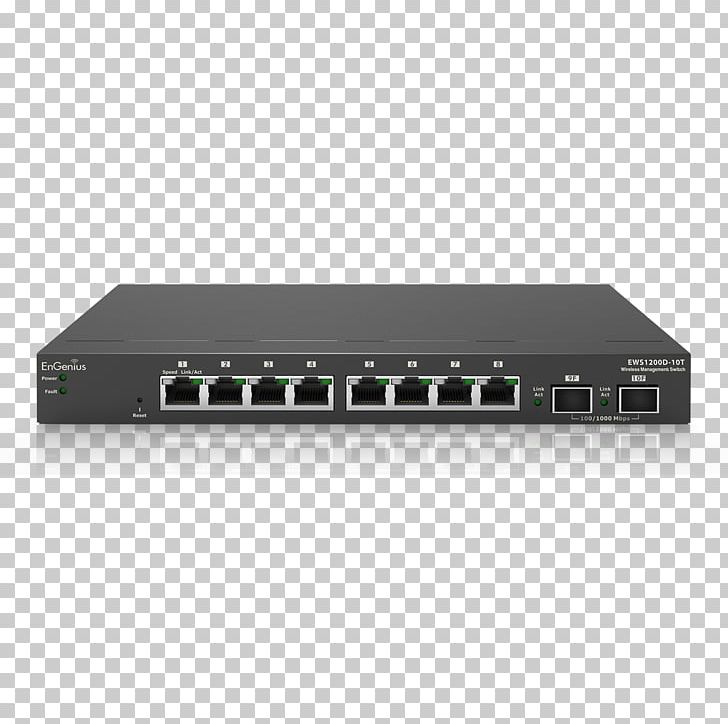 Gigabit Ethernet Small Form-factor Pluggable Transceiver Network Switch EnGenius EWS1200D-10T Neutron EWS 24-Port Gigabit Managed Smart Switch PNG, Clipart, 10 Gigabit Ethernet, Audio Receiver, Computer Network, Computer Port, Electronic Device Free PNG Download