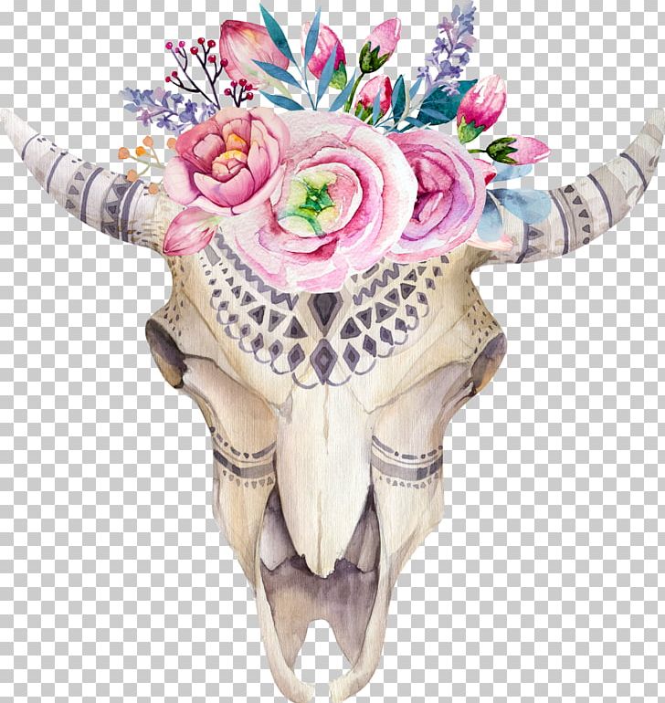 Texas Longhorn Flower Watercolor Painting Floral Design Skull PNG, Clipart, Boho, Bone, Cattle, Cow Skull, Feather Free PNG Download