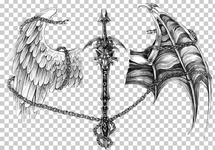 Angel Devil Tattoo Demon Drawing PNG, Clipart, Angel And Devil, Art, Black And White, Body Art, Cold Weapon Free PNG Download