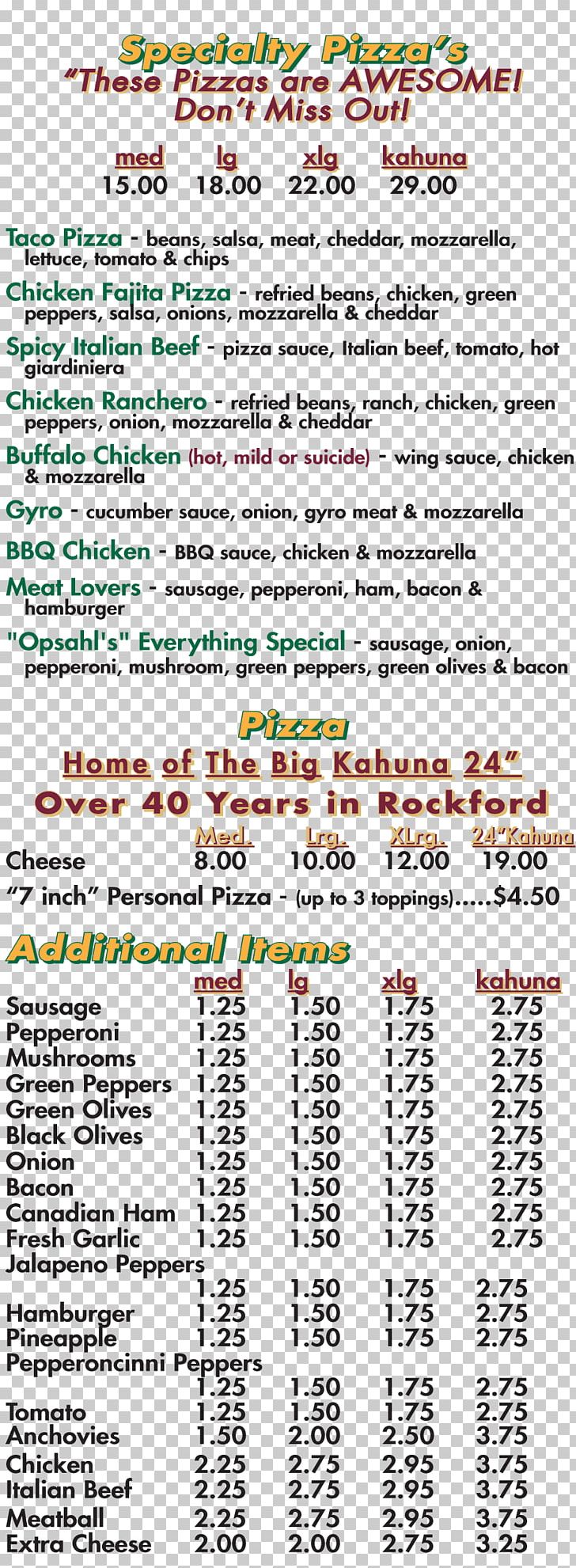 Opsahl's Homemade Pizza Opsahl's Pizza Menu El Ranchero Document PNG, Clipart,  Free PNG Download