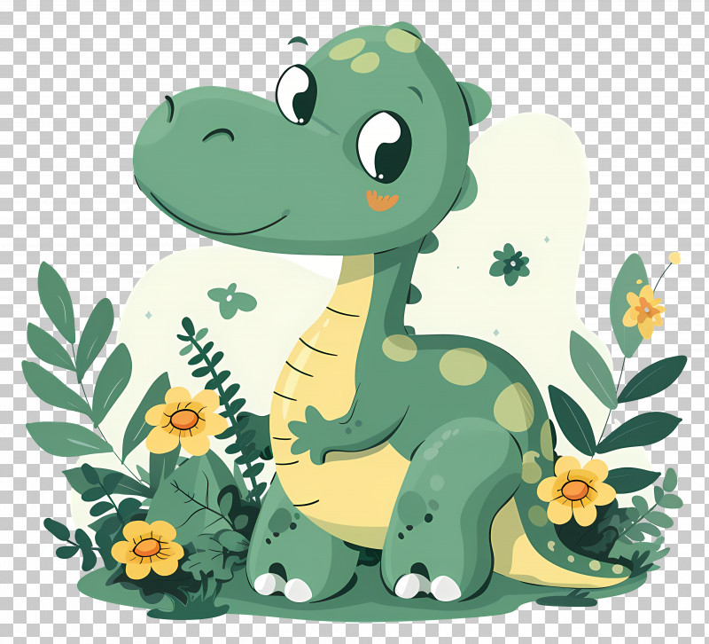 Cartoon Dinosaur - Cute Green Dinosaur With Flowers PNG