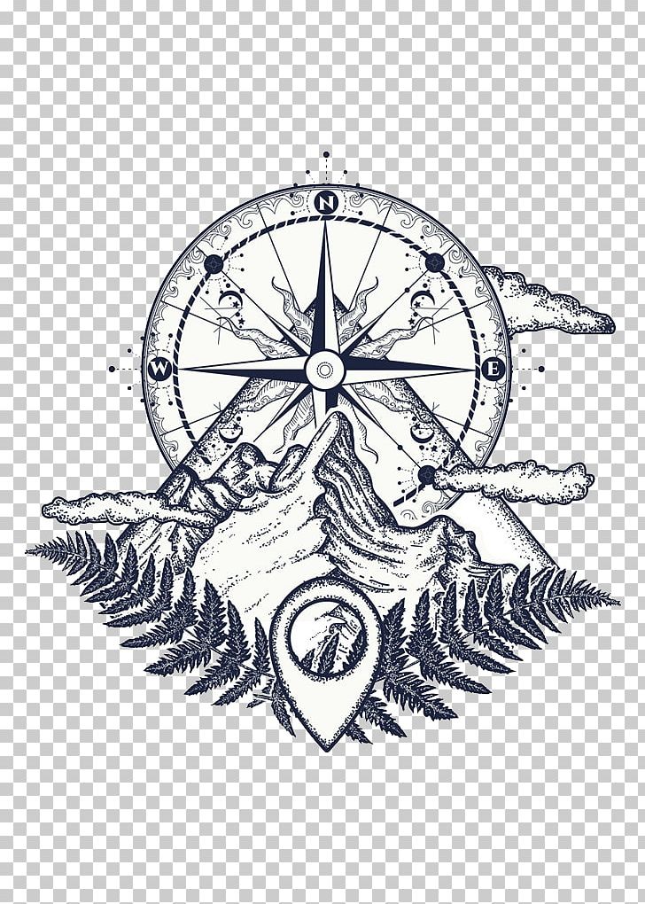 Tattoo Artist Compass Mountain PNG, Clipart, Arrow Sketch, Art, Artwork, Black And White, Border Sketch Free PNG Download