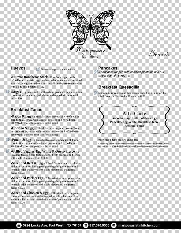 Restaurant Menu Mariposa Latin Inspired Grill Mariposa's Latin Kitchen Dinner PNG, Clipart, Area, Bar, Black And White, Brand, Brunch Free PNG Download