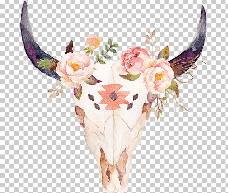 Cattle Watercolor Painting Bull Skull Flower PNG, Clipart, Animals, Art, Blanket, Bohochic, Bull Free PNG Download