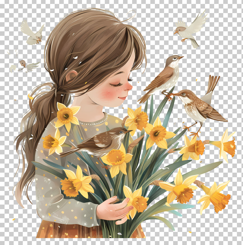 Spring - Girl Holding Daffodils Surrounded By Birds PNG