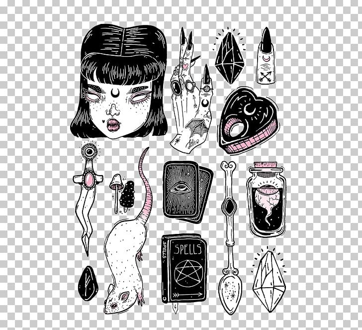 Witchcraft Paper Sticker Drawing Book Of Shadows PNG, Clipart, Art, Automotive Design, Black And White, Fashion Design, Fashion Illustration Free PNG Download